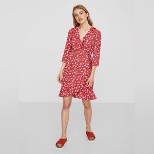 Vero Moda Red Floral Flirty Wrap Dress Size M